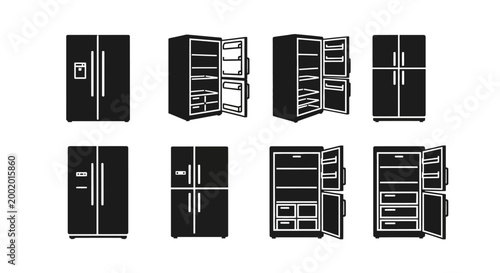 Set of Refrigerator Icons: Open and Closed, Different Styles, Black and White