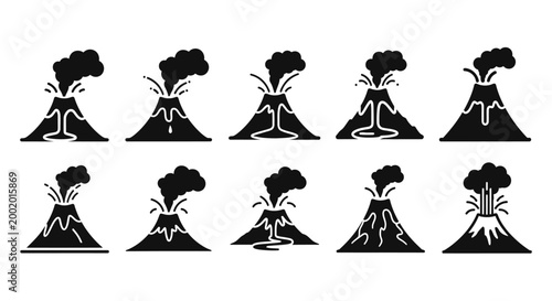 Volcano Eruption Icons Set: Lava Flow, Smoke Plume, Explosions