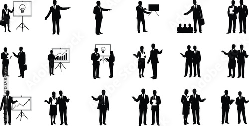 Business Presentation Silhouettes Set Professional People Showing Ideas Charts and Marketing Strategy Seminar Collection