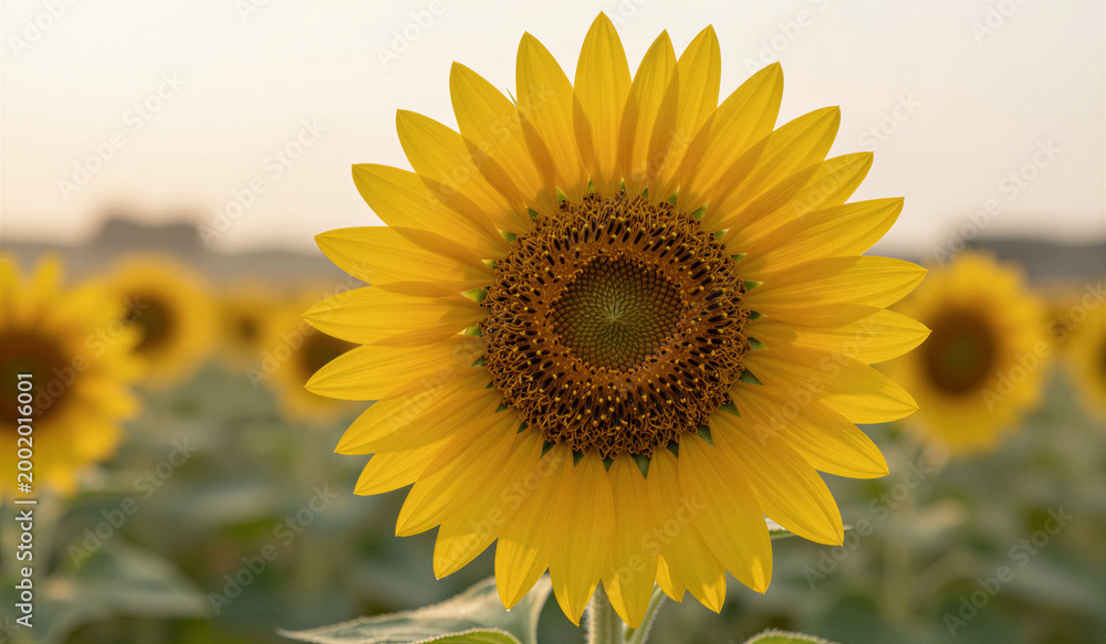 Fototapeta premium Sunflower facing camera in expansive field at dusk