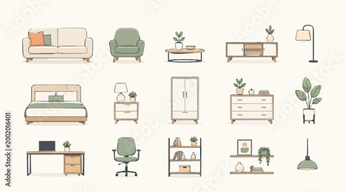 Modern Home Furniture Collection – Minimalist Interior Design Vector Set