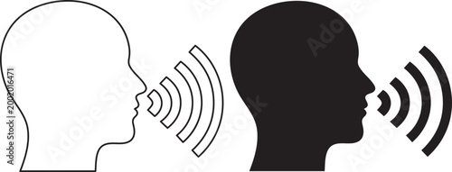 Speak symbol icons, voice icon linear and solid icon, human head with sound wave icons, Two human head silhouettes with speech bubbles or sound waves icons