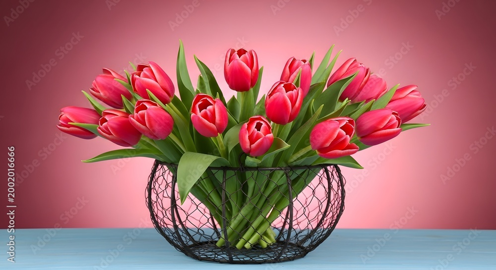 Fototapeta premium Beautiful Bouquet of Fresh Pink Tulips in a Black Wire Basket on Blue Surface Against a Gradient Pink Background - Spring Floral Concept for Mother's Day, Easter, or Romantic Occasions