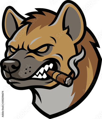 Close up of a fierce hyena with an angry expression and a cigar in its mouth, depicted in a graphic illustration style