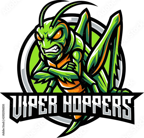 Logo of a fierce grasshopper mascot with the text Viper Hoppers, aggressive insect character, bold graphic design, suitable for sports teams or brands