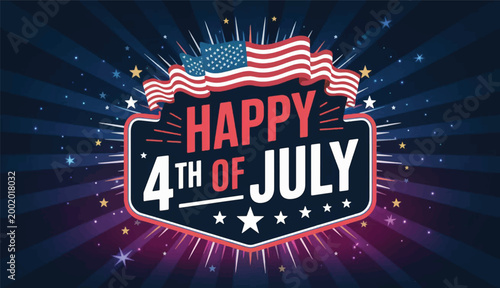 Fotografie Happy 4th of July Independence Day Banner with USA Flag Waves and Fireworks Back
