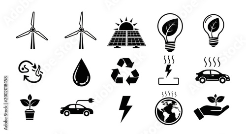 Collection of renewable energy and sustainability icons.