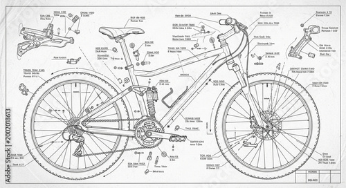 Detailed technical blueprint drawing of a mountain bicycle.