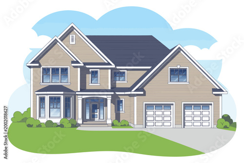 Beautiful suburban house with a green lawn and blue sky