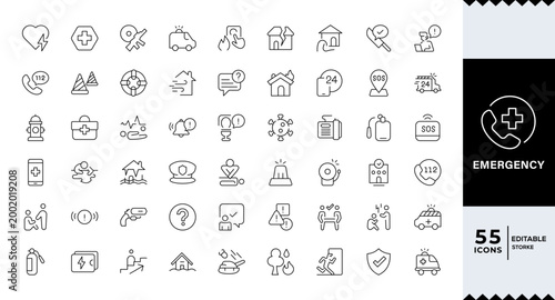 Emergency icon set.Evacuation, SOS emergency call, ambulance, help, emergency hotline, exit, collection. Editable stroke.