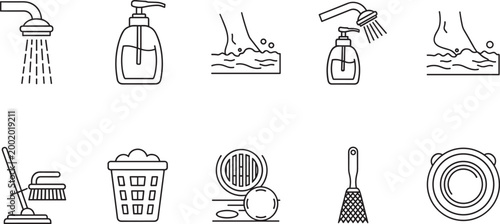 Cleaning and hygiene line icon set with shower, soap, mop, laundry basket, scrub brush, bathroom tools, outline vector collection