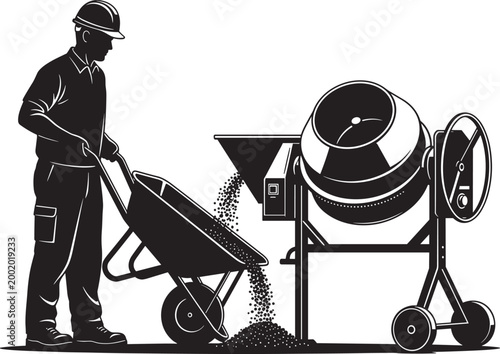 Construction worker with wheelbarrow and cement mixer silhouette, building site equipment vector, manual labor scene isolated on white background