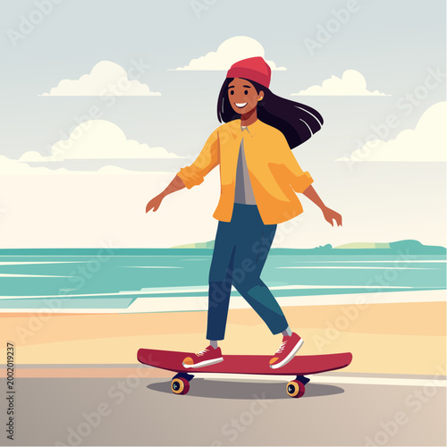 Jeune femme noire en skateboard – Illustration cartoon moderne