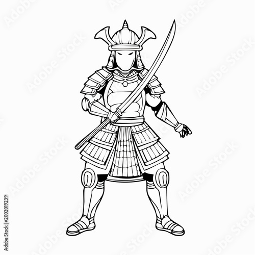Samouraï en armure – Illustration détaillée en noir et blanc