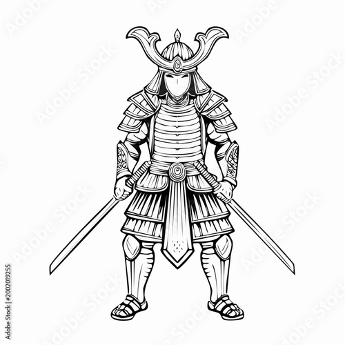 Samouraï en armure – Illustration détaillée en noir et blanc