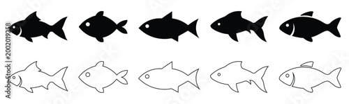 collection of black fish silhouettes in various shapes. Set of fish icon in line style. Containing sea life, aquatic, wave, seafood, fish, swimming and more. Simple fish icon design. Vector 