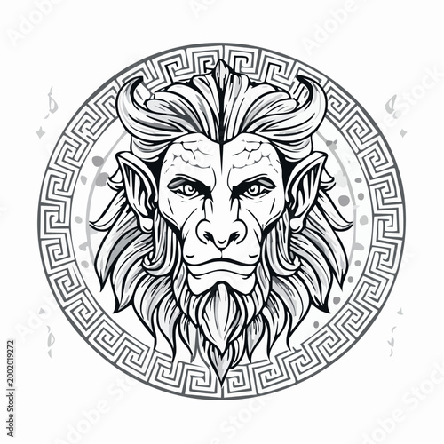 Créature mythologique mi‑homme mi‑bête – Illustration line‑art détaillée