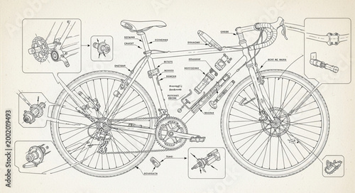 Detailed technical drawing of a vintage bicycle with callouts.