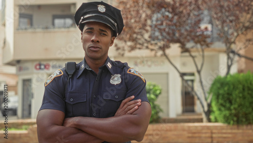 Fotografija Man police officer with arms crossed and radio on shoulder standing on street in front of building; confidence duty vigilance