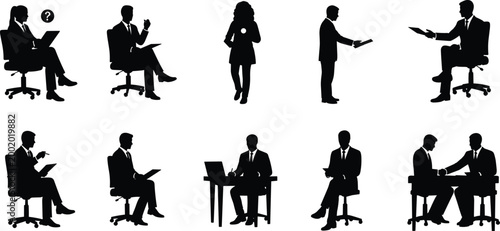 Business Professional Silhouettes Sitting at Desk, Corporate Interview and Office Worker Using Tablet Poses Set, Management and Leadership Icons