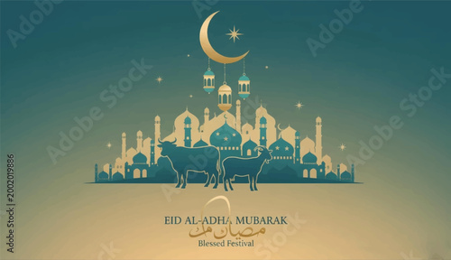 Eid al-Adha Mubarak Greeting with Mosque Silhouette, Sacrificial Animals and Lanterns Background