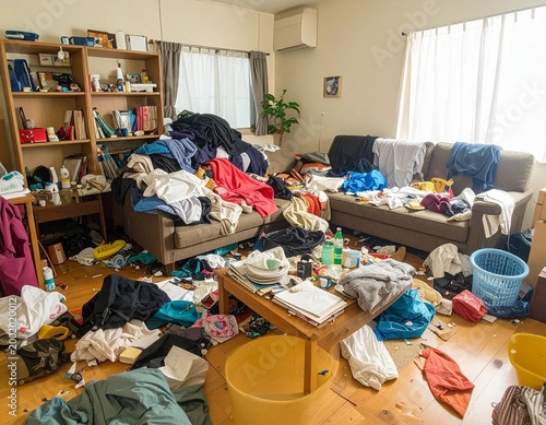 Extreme clutter in a messy Japanese one-room apartment of someone unable to clean