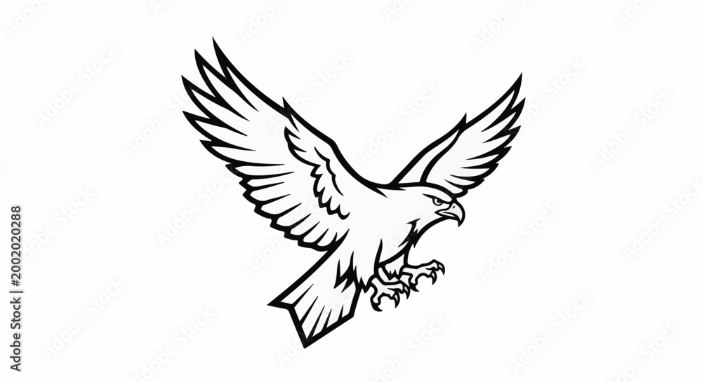 Fototapeta premium Line art of a predatory bird with wings spread, descending in flight