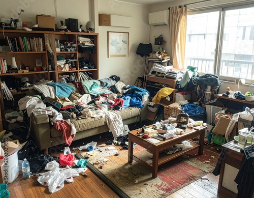 Extreme clutter in a messy Japanese one-room apartment of someone unable to clean