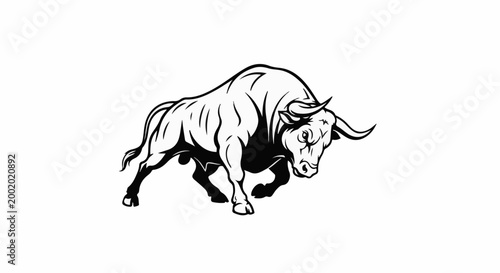 A powerful black and white illustration of a charging bull