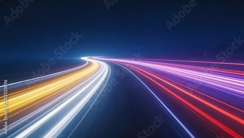 Colorful light trails on a curved road