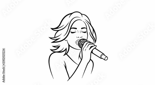 A stylized black and white outline of a female singer holding a microphone