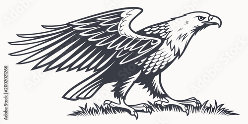 Photos Stylized graphic illustration of a bald eagle perched on grass with wings spread