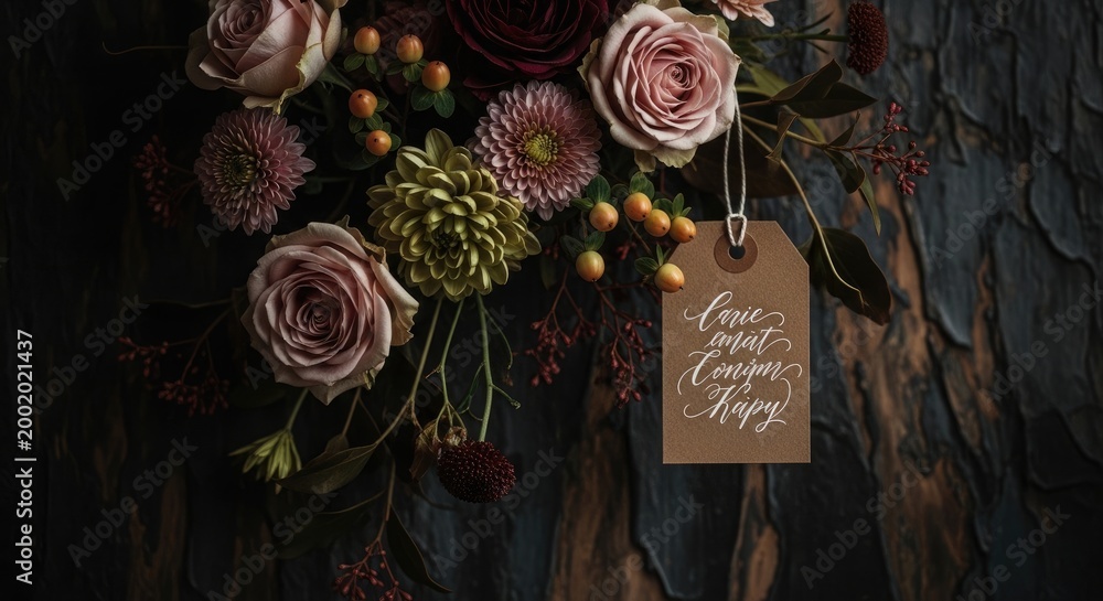 Obraz premium Dark and moody floral arrangement with tag