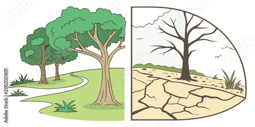 Foto Climate change concept illustration contrasting nature and desertified land with