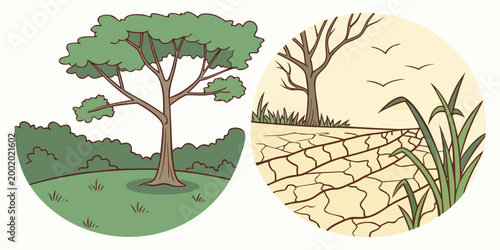 Принти на полотні Environmental comparison illustration showing lush nature versus dry cracked lan