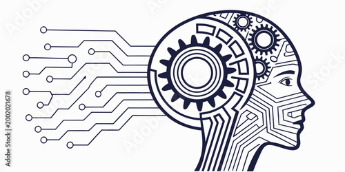 Ai robotic head profile with gear mechanism and circuitry line art illustration robotics circuitry mechanical artificial intelligence technology engineering technical automation innovation