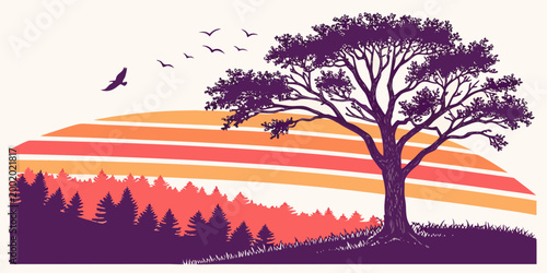 Sunset silhouette landscape with tree and birds flying over forest landscape silhouette wildlife outdoors illustration twilight artistic environment background panoramic wilderness