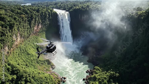 A helicopter flies past the majestic Victoria Falls, showcasing the powerful waterfall and surrounding lush green landscape.