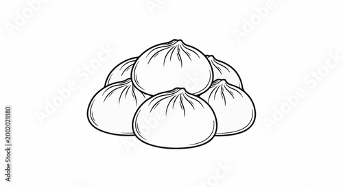A black and white line drawing depicts a cluster of five plump dumplings