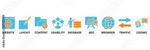 Web design icon set Aqua Orange Flat concept for website, layout, content, usability, database, seo, browser, traffic and coding