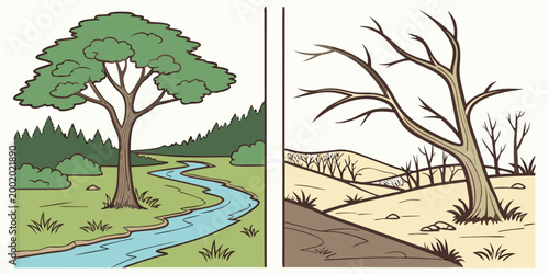 Split illustration depicting the environmental contrast between a green landscape with flowing river and a dry barren wasteland with dead trees environment comparison landscape wasteland scarcity