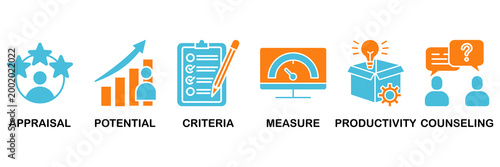 Performance review icon set Aqua Orange Flat concept for employee job performance evaluation with an icon of appraisal, potential, criteria, measure, productivity, and counseling