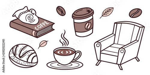 Coffee shop interior elements set with armchair and pastries coffee beans cafe culture armchair beverage lifestyle breakfast illustration furniture relaxing atmosphere caffeine interior
