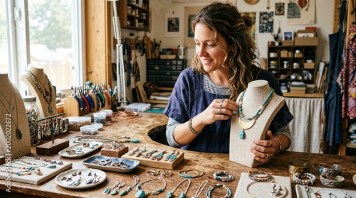 Woman crafting handmade jewelry in creative workshop studio