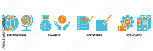 Ifrs icon set Aqua Orange Flat concept for international financial reporting standards with icon of global, network, money, documents, books, and writing