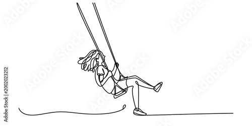 Continuous single line drawing of a happy young girl swinging on a playground swing set Vector, illustration