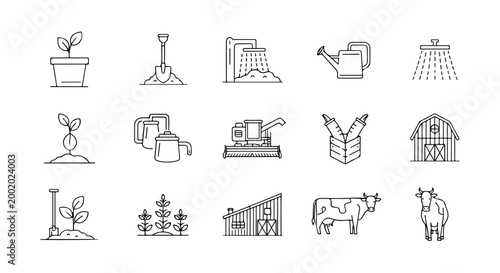Bild auf Leinwand Set of 15 Agriculture and Farming Line Icons Vector