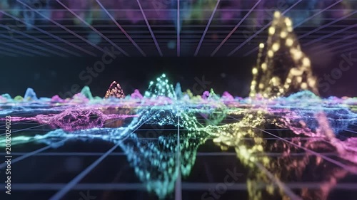 A vibrant, abstract digital landscape featuring glowing, interconnected lines and colorful data visualizations creates a futuristic and dynamic visual experience.