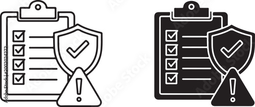 Document security icon with checklist shield and warning sign, outline and glyph style vector illustration.