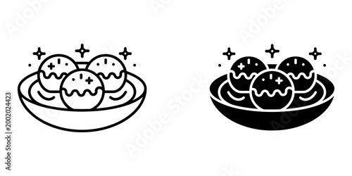 Foto Sweet laddu balls in bowl icon set in outline and glyph style for traditional indian dessert illustration and festive food branding element delicious south asian snack isolated on white vector